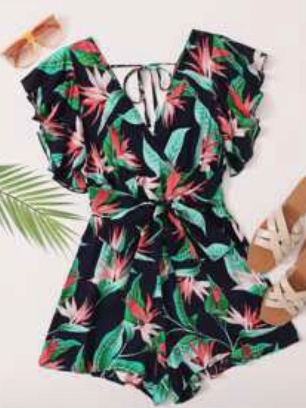 SHEIN Navy Tropical Print Women's Romper with Green & Pink Leaves